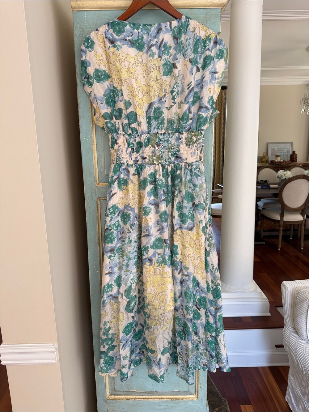 Gigio USA Floral Midi Dress Smocked Waist Zip Front Blue Green Medium - Picture 4 of 14